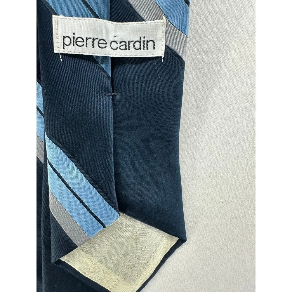 Pierre Cardin Mens Silk Necktie Navy Blue Light Blue‎ Grey Diagonal Stripe Tie